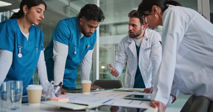 Meeting, documents and doctors in hospital with planning for diagnosis, surgery or treatment. Medical records, people and healthcare employees with paperwork and discussion for schedule in clinic.