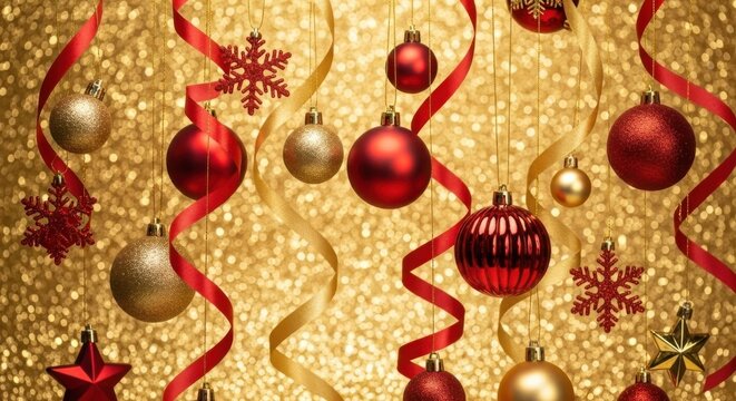 Christmas ornaments red gold ribbons holiday decorations festive celebration xmas season winter sparkle bright shiny glittery baubles