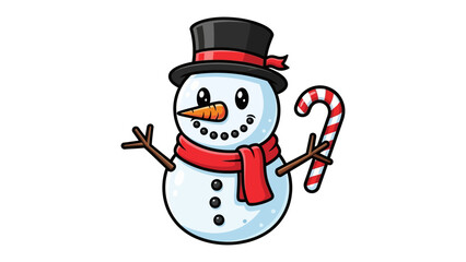Cheerful Snowman Illustration: A jolly snowman, complete with a top hat, carrot nose, and a sweet candy cane, brings holiday cheer with a friendly smile. 