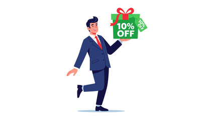 Special Offer: A businessman holds a gift box with a prominent 10% OFF label, emphasizing a promotional deal.