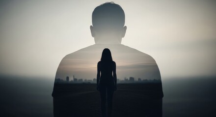 Silhouette Of People Against Cityscape - Silhouette of a person standing, layered with a larger silhouette, cityscape in background. The background is a gradient