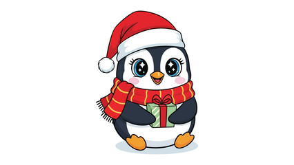 Festive Penguin with Present: A charming penguin, adorned in a festive Santa hat and a cozy scarf, cradles a wrapped gift, embodying the spirit of celebration and joy.