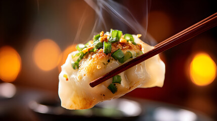 Steaming dumpling held with chopsticks, garnished with green onions, showcasing delicious Asian cuisine