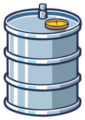 Cartoon style illustration of a metal barrel with lid and spigot.