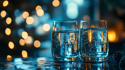 two tumblers of sparkling water on a counter top twinkling lights behind wet surface.