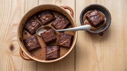 Chocolate brownie pot dessert with caramel swirl, baked square pieces on wooden table, warm rustic mood and spoon serving joy
