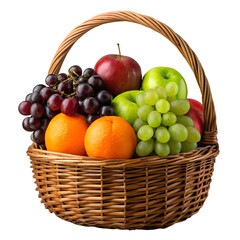 Wicker basket filled with fresh fruits isolated on transparent background