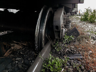 An accident on the railroad. A railway carriage that derailed on a sunny day. A derailed carriage. Derailment of railway wagons. As a result of the train accident, the train derailed.