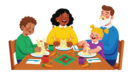 Family Mealtime: A warm depiction of a family gathered around a table, engaging in a joyful activity together, sharing smiles and creating memories.