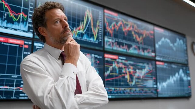 Financial Forecaster: A focused individual analyzes intricate financial data displayed on multiple screens, contemplating the market's trajectory.