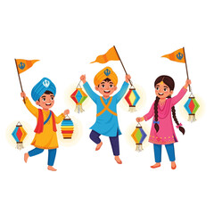 Joyful Sikh children in traditional attire celebrating Guru Nanak Jayanti with flags and colorful lanterns, a vibrant cultural festival