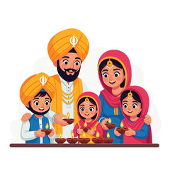Happy Sikh Family Celebrating a Traditional Cultural Festival with Joy, Lighting Diyas and Sharing Moments of Togetherness, Embracing Heritage