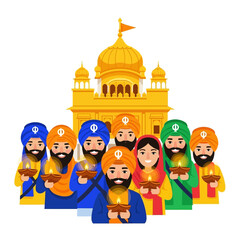 Sikh devotees holding lit oil lamps, celebrating a festival of light in front of a golden temple, symbolizing peace, devotion, and community spirit in a vibrant illustration