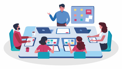 Diverse team collaborating around a modern conference table with laptops and a presentation board in a bright office setting