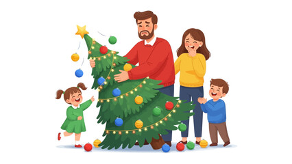 Christmas Cheer: A Family Decorates a Christmas Tree: A joyous family gathers to adorn a vibrant Christmas tree with ornaments, capturing the spirit of the festive season.