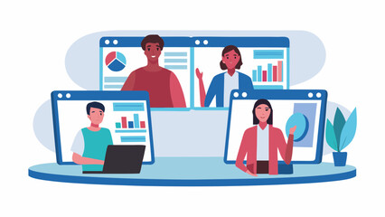 Obraz premium Diverse team collaborating remotely through video conferencing with charts and graphs displayed on screens