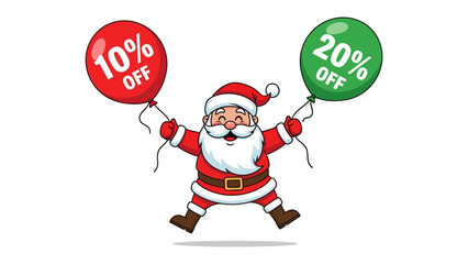 Santa's Christmas Deals: A jolly Santa Claus, radiating holiday cheer, joyfully leaps, holding aloft festive balloons advertising enticing discounts for Christmas season. 
