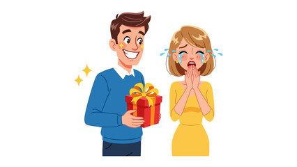 Gift Giving Moment: A man joyfully presents a beautifully wrapped gift to a woman overcome with emotion, their interaction a heartwarming expression of love and care.