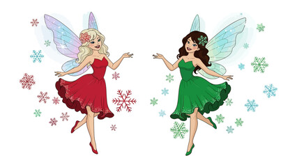 Enchanting Fairies in Festive Attire: Two whimsical fairies, one in a vibrant red dress and the other in a lively green dress, flit amidst delicate snowflakes, casting a magical spell. 