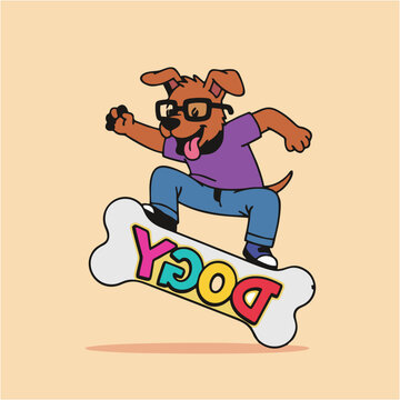 Cartoon dog with glasses skateboarding on a bone with the word "DOGY" on it.