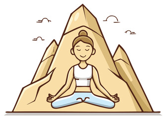 Woman Practicing Yoga in Front of Mountains Illustration in Lotus Pose