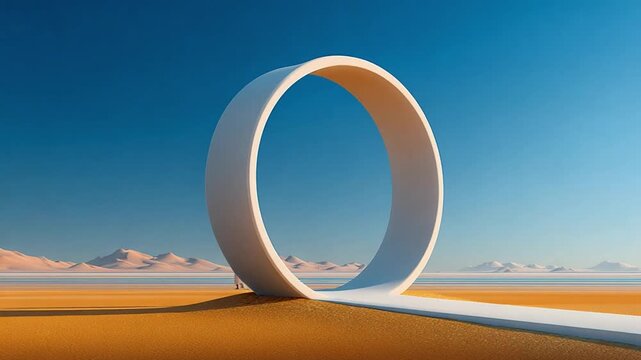 Conceptual Architectural Loop in the Desert: An expansive desert landscape is punctuated by a stark, pristine white architectural loop, a symbolic journey.