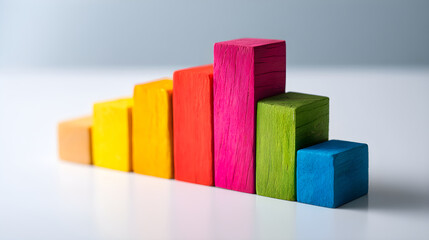 Obraz premium Colorful wooden blocks arranged in a bar graph pattern showcasing growth and progress concept