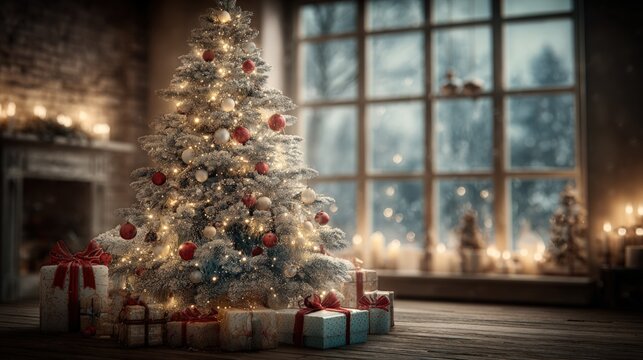 Festive Christmas Tree Scene with Gifts and Warm Lighting, Perfect for Holiday Promotions