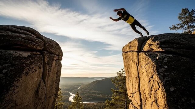 A daring athlete in mid-air, leaping across a wide chasm between two cliffs during a golden sunset.