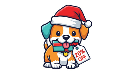 Festive Pup with Gift and Discount: A cheerful puppy dons a Santa hat and holds a gift in its mouth, accompanied by a tag offering a generous discount.