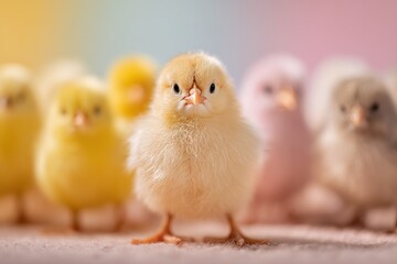 Colorful baby chicks standing together in a playful arrangement with soft pastel background