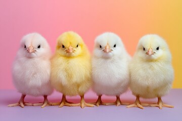 Fototapeta premium Colorful baby chicks standing in a row against a pastel background during springtime