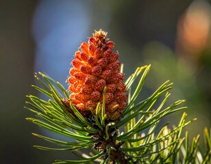 Close-up of a pine cone blossoming, captured on a sunny day with bokeh background