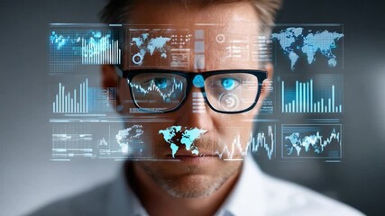 The Data Analyst's Gaze: A close-up portrait of a thoughtful data analyst with glasses, observing an array of data visualizations and interactive interface projected onto his eyewear. - Powered by Adobe