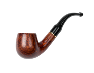 A single classic wooden tobacco pipe with a curved black stem and marbled brown bowl, isolated horizontally on a light gray background.
