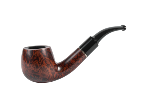 A single classic wooden tobacco pipe with a curved black stem and marbled brown bowl, isolated horizontally on a light gray background.