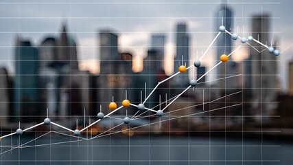 Graphs display rising trends with vibrant points, set against an urban skyline during sunset showing growth and data analysis - Powered by Adobe