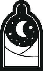 Black and white illustration of an arched window framing a crescent moon, stars, and a night sky