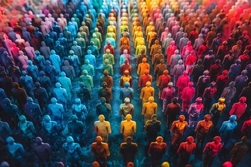 Fototapeta premium Colorful crowd walking forward in unity and diversity, following a common path