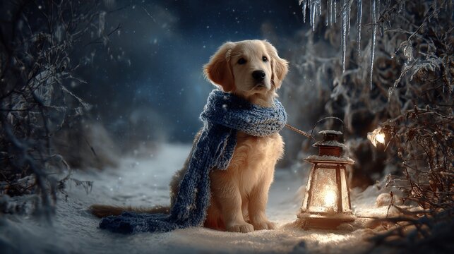 Adorable Golden Retriever Puppy Wearing Scarf in Snowy Winter Scene with Lantern Light