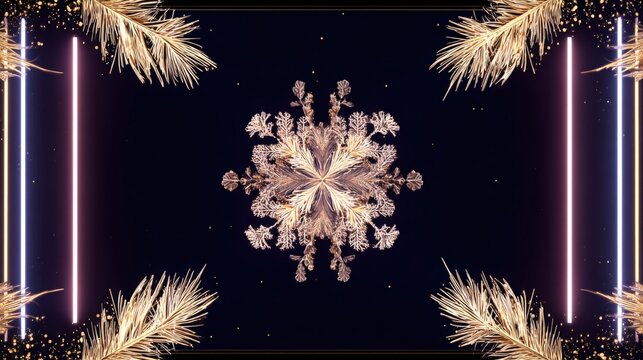 Elegant Holiday Snowflake Design with Golden Accents and Neon Lights for Festive Celebrations