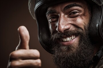 Fototapeta premium Soldier giving a thumbs up with a big smile, showcasing confidence and determination in his mission