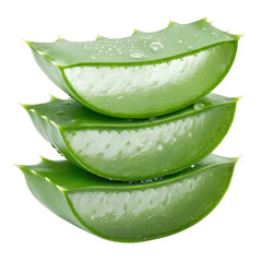 Three fresh aloe vera slices stacked on a transparent background isolated on transparent background