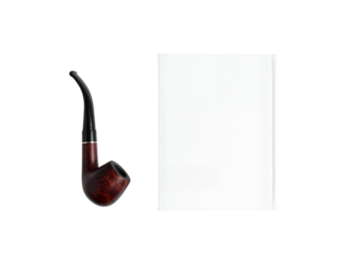 A classic wooden smoking pipe placed next to a vertical blank white book cover or notepad, isolated on a light gray background (mockup).