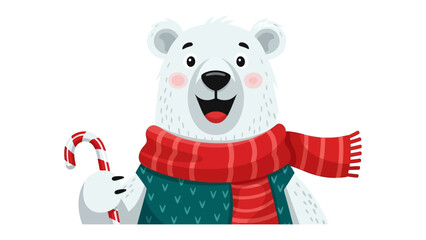 Festive Polar Bear's Greeting: An adorable polar bear, donning a festive scarf, extends a candy cane in a cheerful, heartwarming pose, embodying the spirit of celebration.