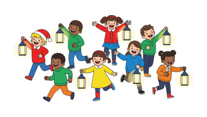 Children's Lantern Parade: A vibrant illustration shows a diverse group of children joyfully running in a festive parade, each holding a glowing lantern, celebrating a community event.