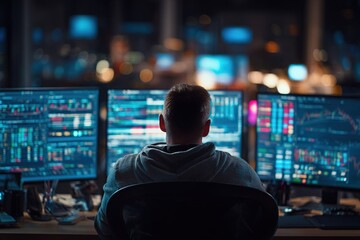 Trader analyzes stock market data with multiple monitors during late-night session in modern office