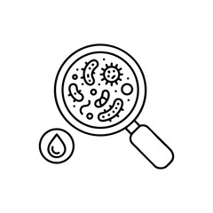 Microbes under magnifying glass icon. Bacteria analysis, virus detection, microbiology research, infection examination concept. Editable stroke vector.