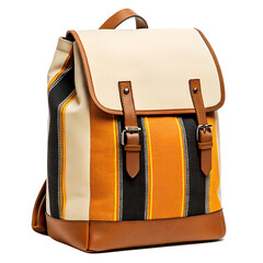 Bohemian striped backpack with leather accents isolated on transparent background