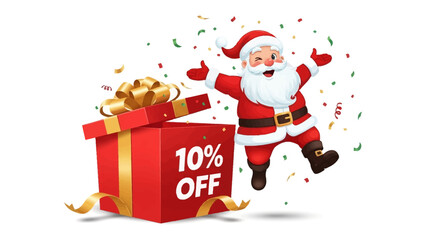 Christmas Discount: Santa Claus with a festive charm, eagerly sharing a gift box with a prominent 10% OFF offer.